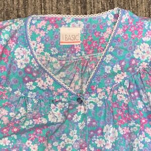 Simply Basic Floral House Dress Lounger Short Sleeve Lace Trim Blue 80s‎ Size XL